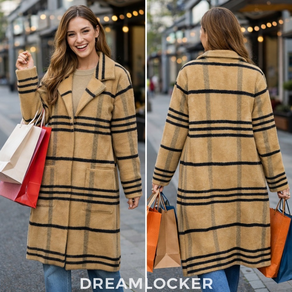 Cyrus Eyelash Long Coat Coatigan Large Tan Black Plaid Collared Long Sleeve NEW